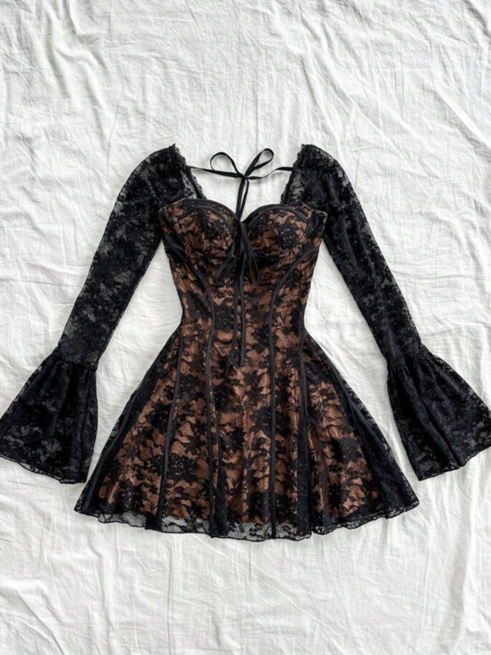 SHEIN Black Lace Overlay Mini Dress with Brown Underlay